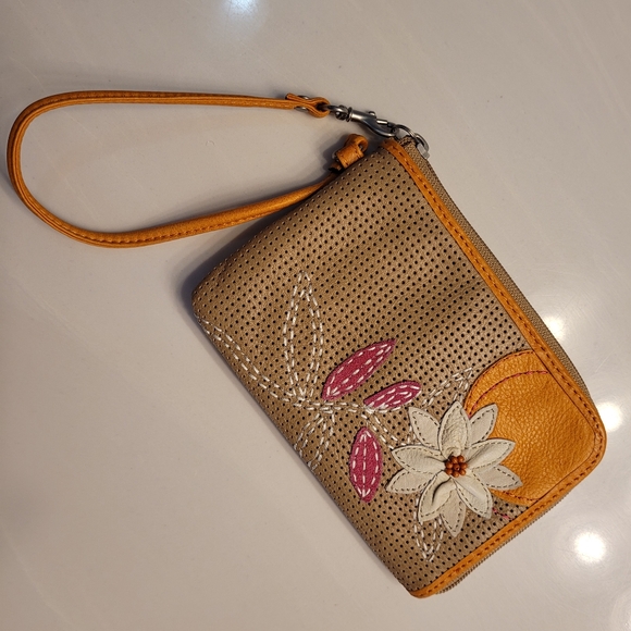 FOSSIL CLUTCH "Flower & Sunshine" Light Brown Leather w/ Pink, Orange, & Cream - Picture 3 of 12